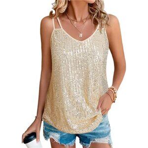 Womens Sequin Tops V Neck Tank Tops Beige